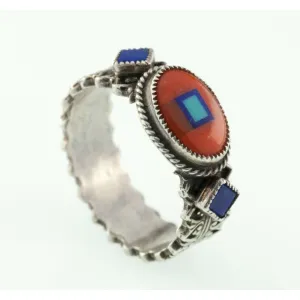Aldrich Art Studio Red Coral & Lapis Oval Sterling Silver Ring Size 7.25