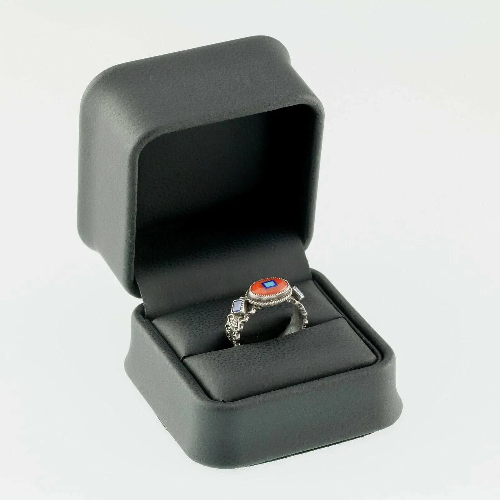 Aldrich Art Studio Red Coral & Lapis Oval Sterling Silver Ring Size 7.25