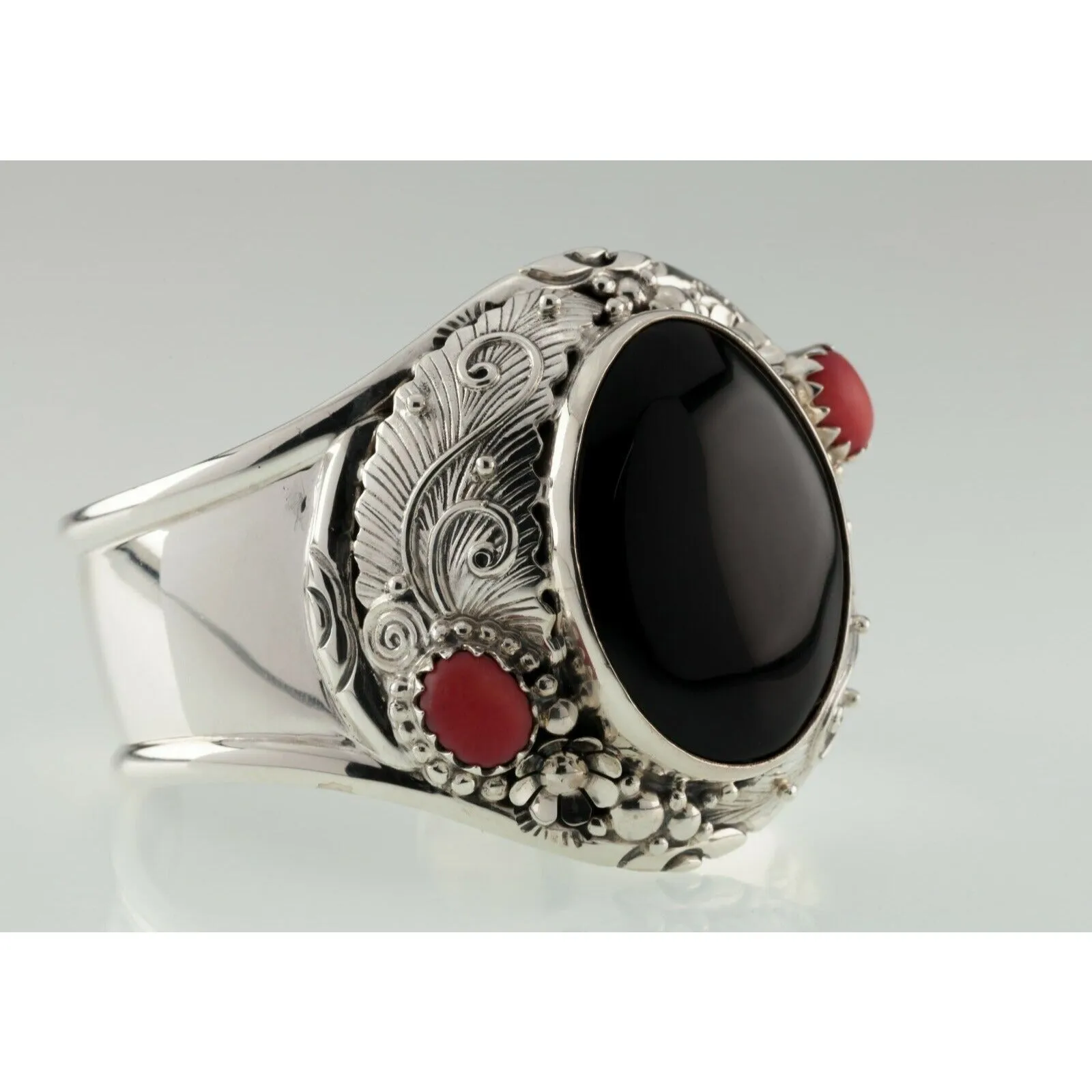 Amazing Marai Mexican Silver Black Jet & Red Coral Cuff Bracelet 89.7gr
