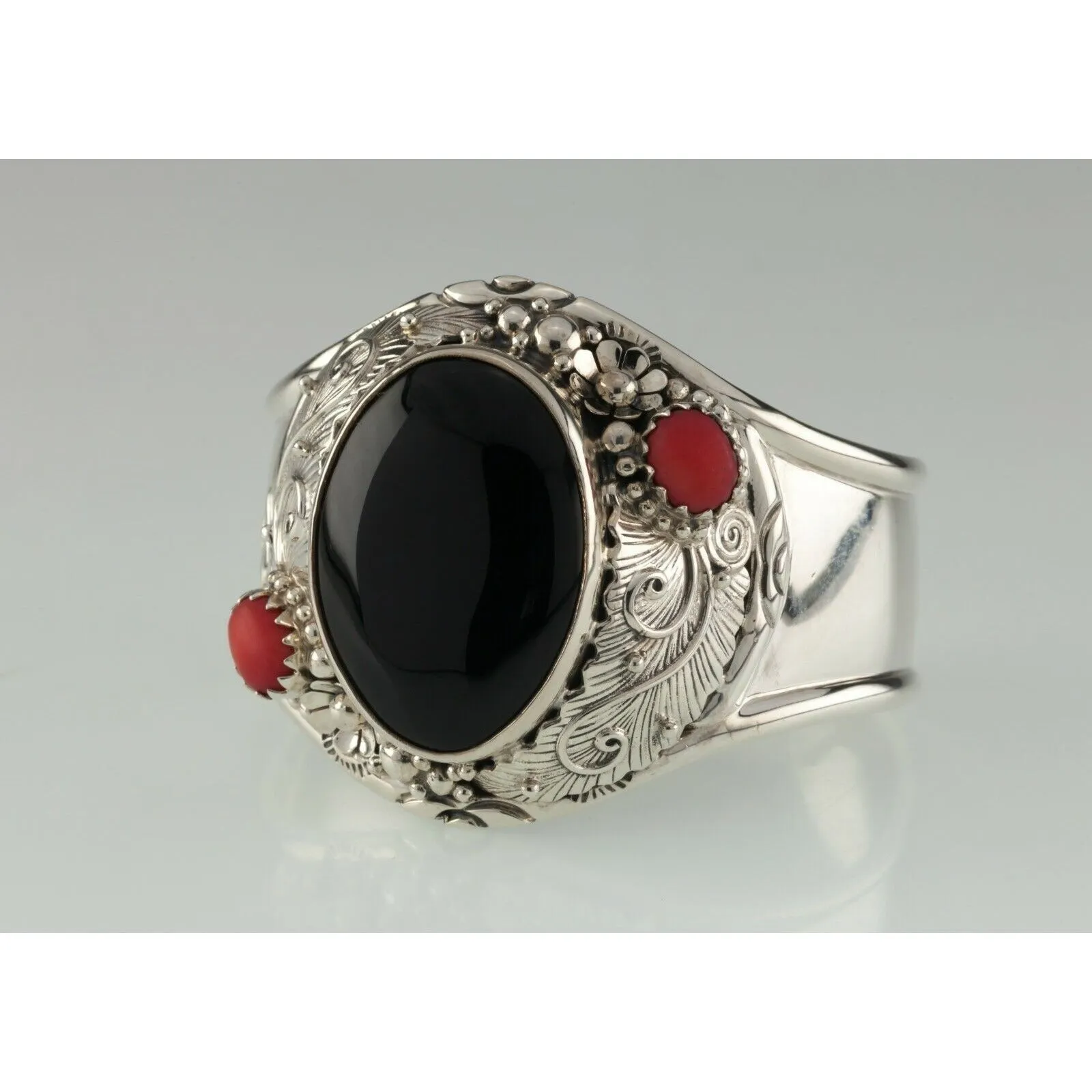 Amazing Marai Mexican Silver Black Jet & Red Coral Cuff Bracelet 89.7gr