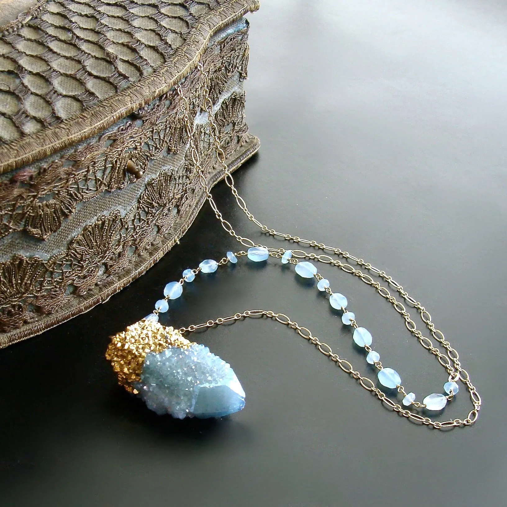 Aqua Chalcedony Spirit Quartz Pendant Layering Necklace - Pixie Necklace