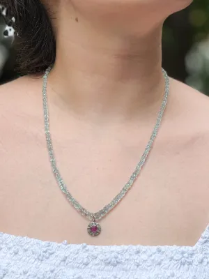 Aquamarine Heishi Necklace with Diamond Pave and Ruby Pendant