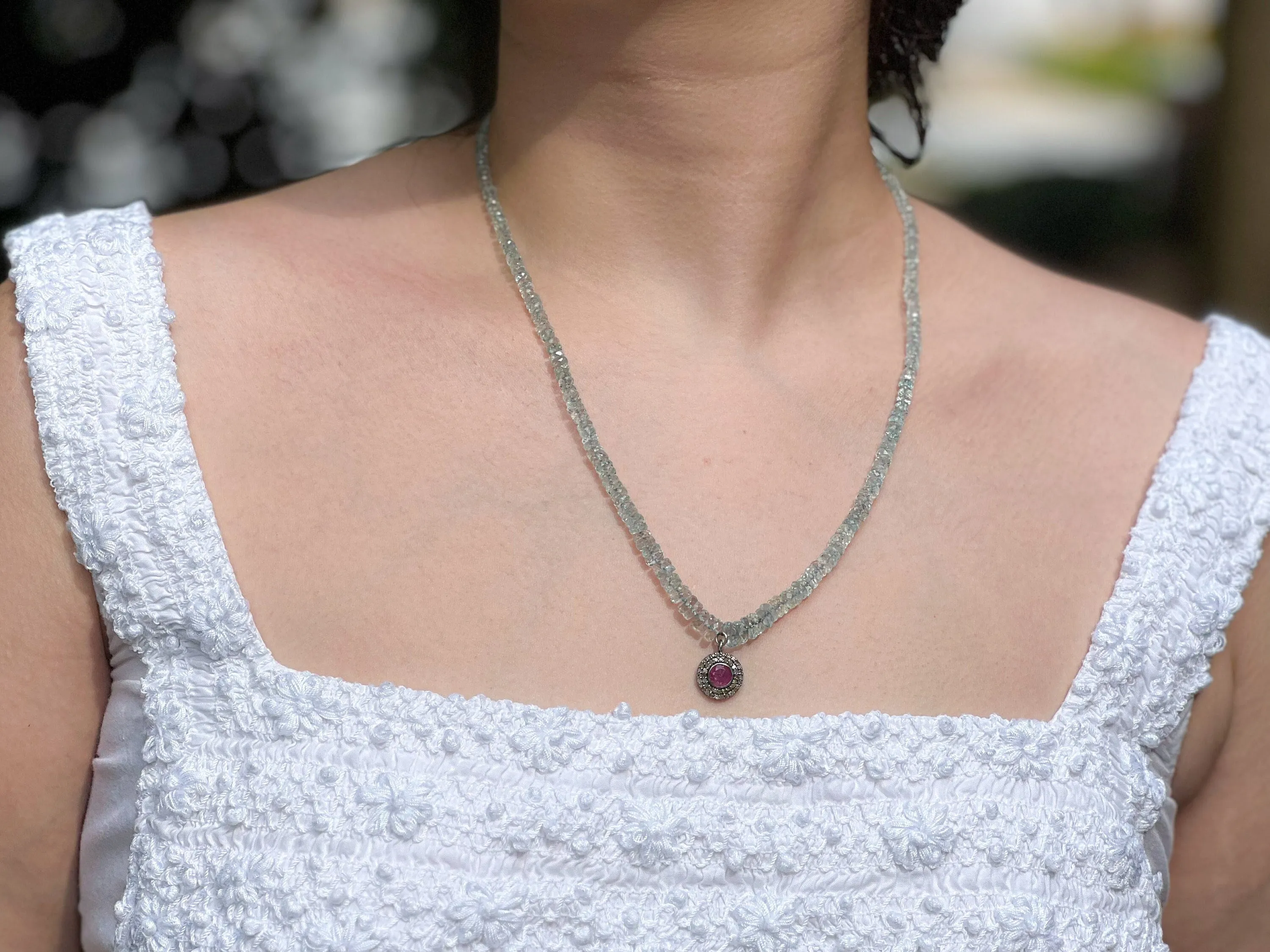 Aquamarine Heishi Necklace with Diamond Pave and Ruby Pendant