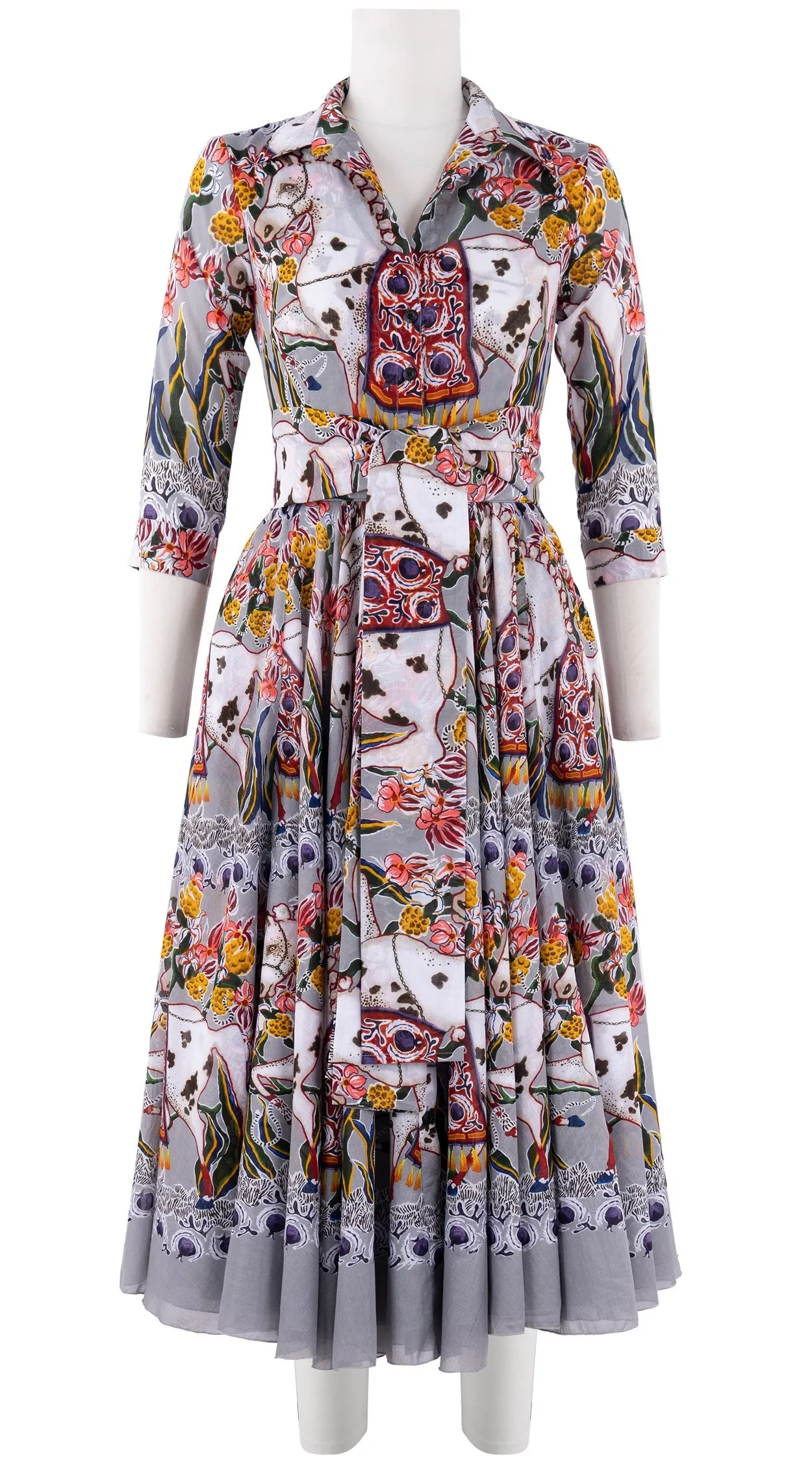 Aster Dress Shirt Collar 3/4 Sleeve Midi Length Cotton Musola (Spotted Pony)