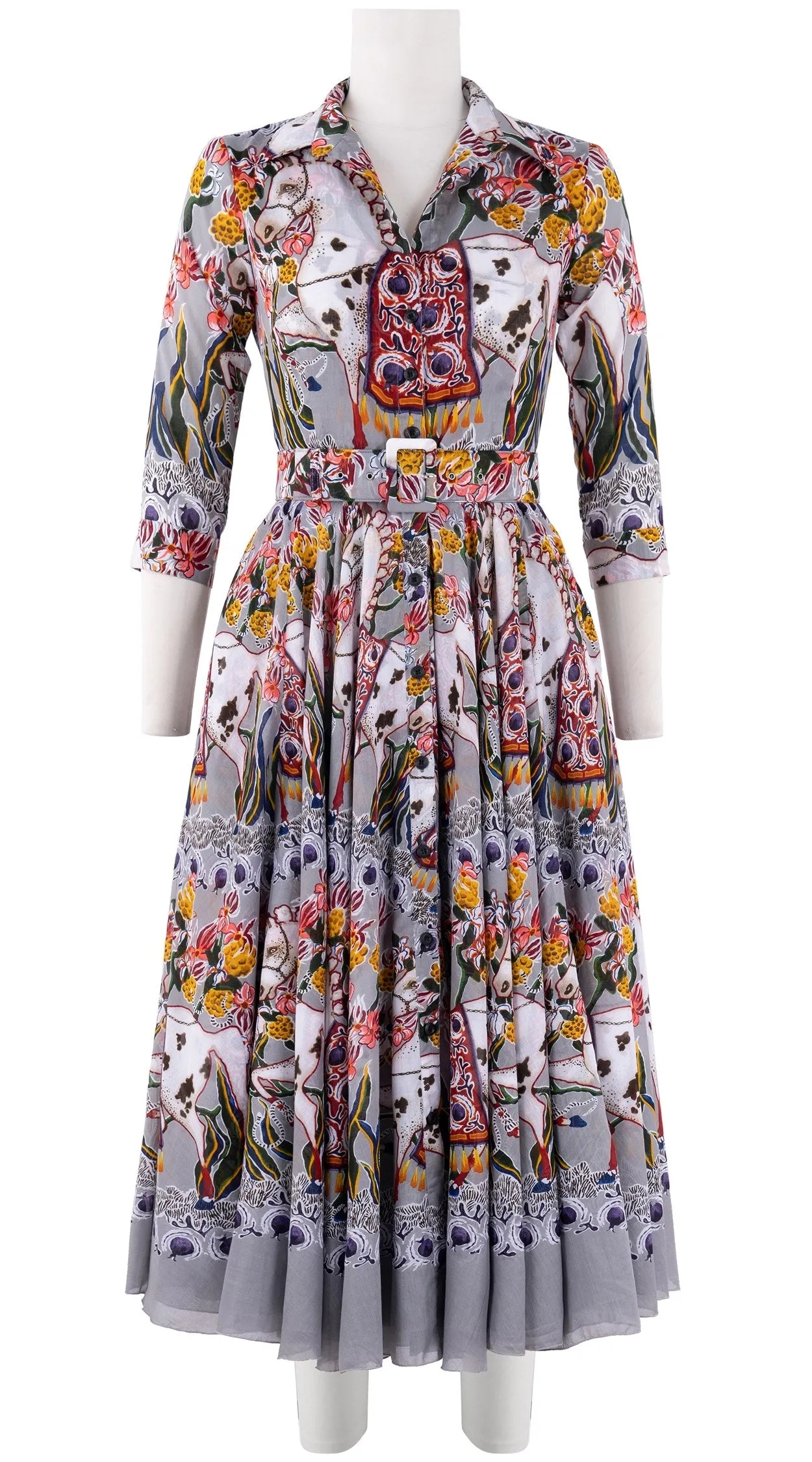 Aster Dress Shirt Collar 3/4 Sleeve Midi Length Cotton Musola (Spotted Pony)