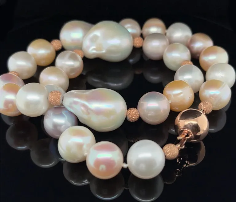 Baroque Freshwater Pearl Necklace, Peach, White and Lavender Color, 17 Inches
