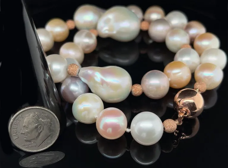 Baroque Freshwater Pearl Necklace, Peach, White and Lavender Color, 17 Inches