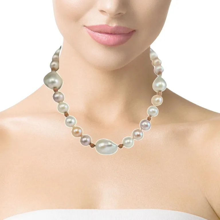 Baroque Freshwater Pearl Necklace, Peach, White and Lavender Color, 17 Inches