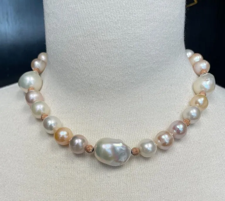Baroque Freshwater Pearl Necklace, Peach, White and Lavender Color, 17 Inches
