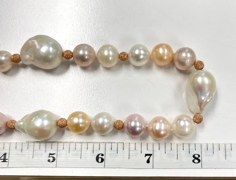 Baroque Freshwater Pearl Necklace, Peach, White and Lavender Color, 17 Inches
