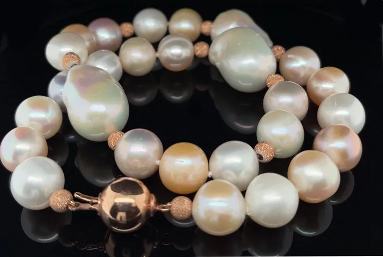 Baroque Freshwater Pearl Necklace, Peach, White and Lavender Color, 17 Inches
