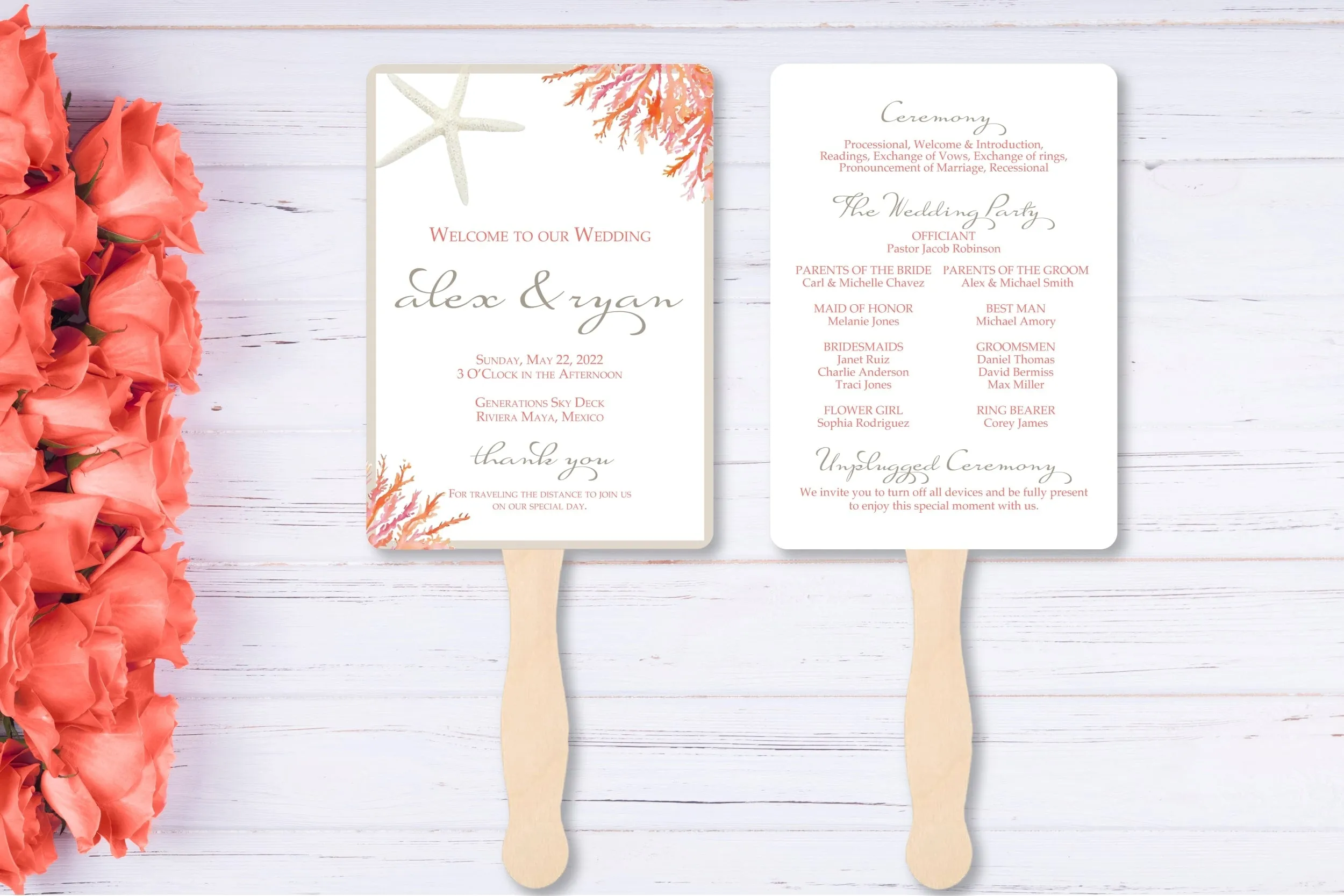 Beach Wedding Program Fans - Living Coral