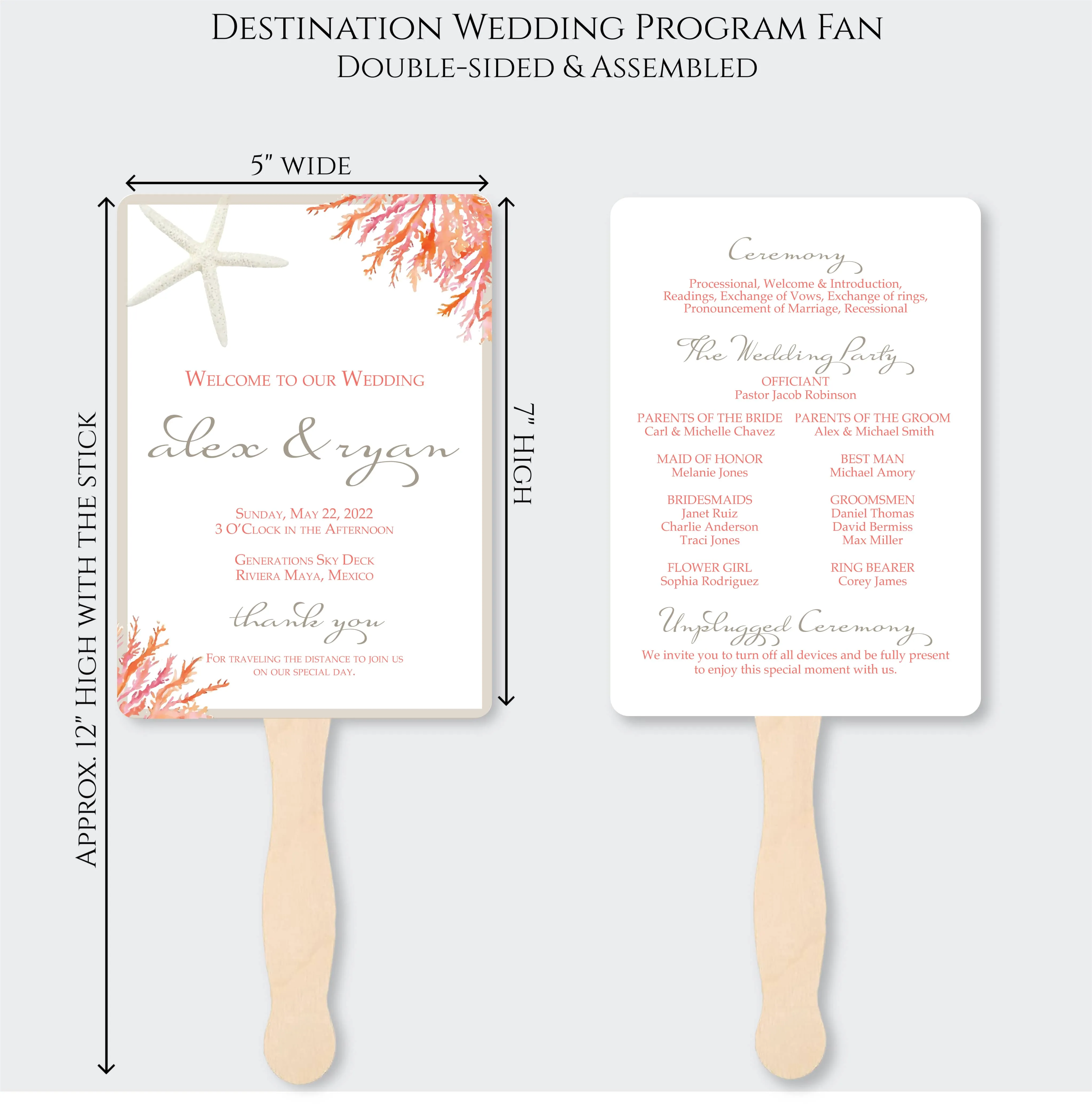 Beach Wedding Program Fans - Living Coral