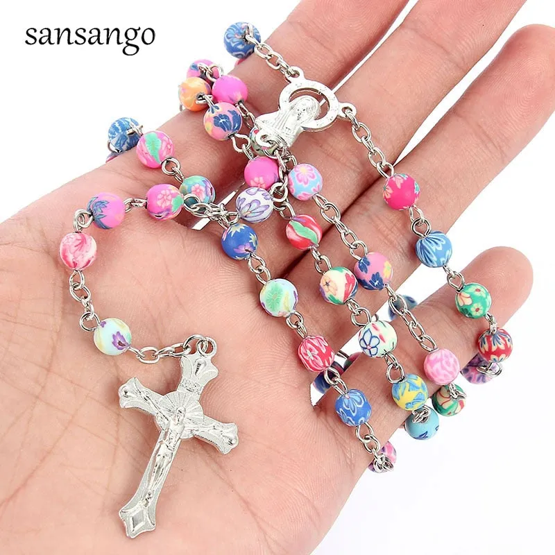 Beautiful Rosary Cross Pendant Necklace Christian Jewelry Gift