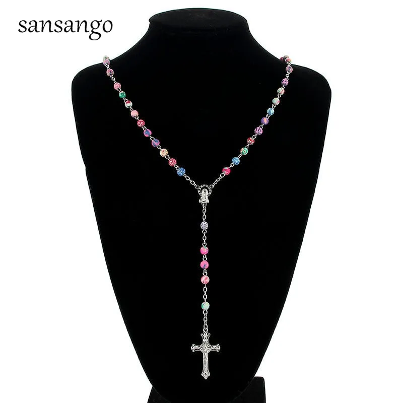 Beautiful Rosary Cross Pendant Necklace Christian Jewelry Gift