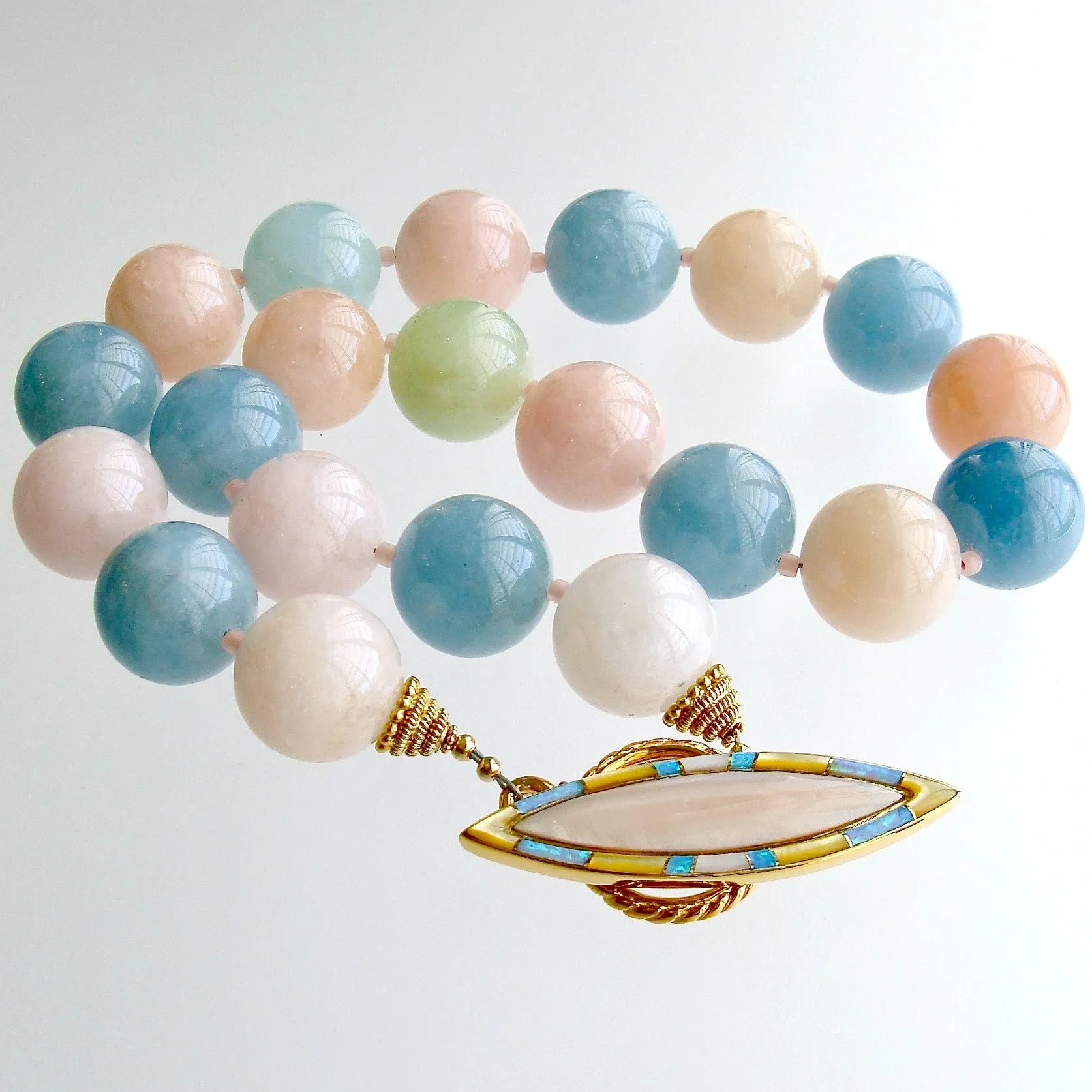 Beryl Aquamarine Morganite Choker Necklace Opal MOP Toggle Clasp - Fontanne IV Necklace