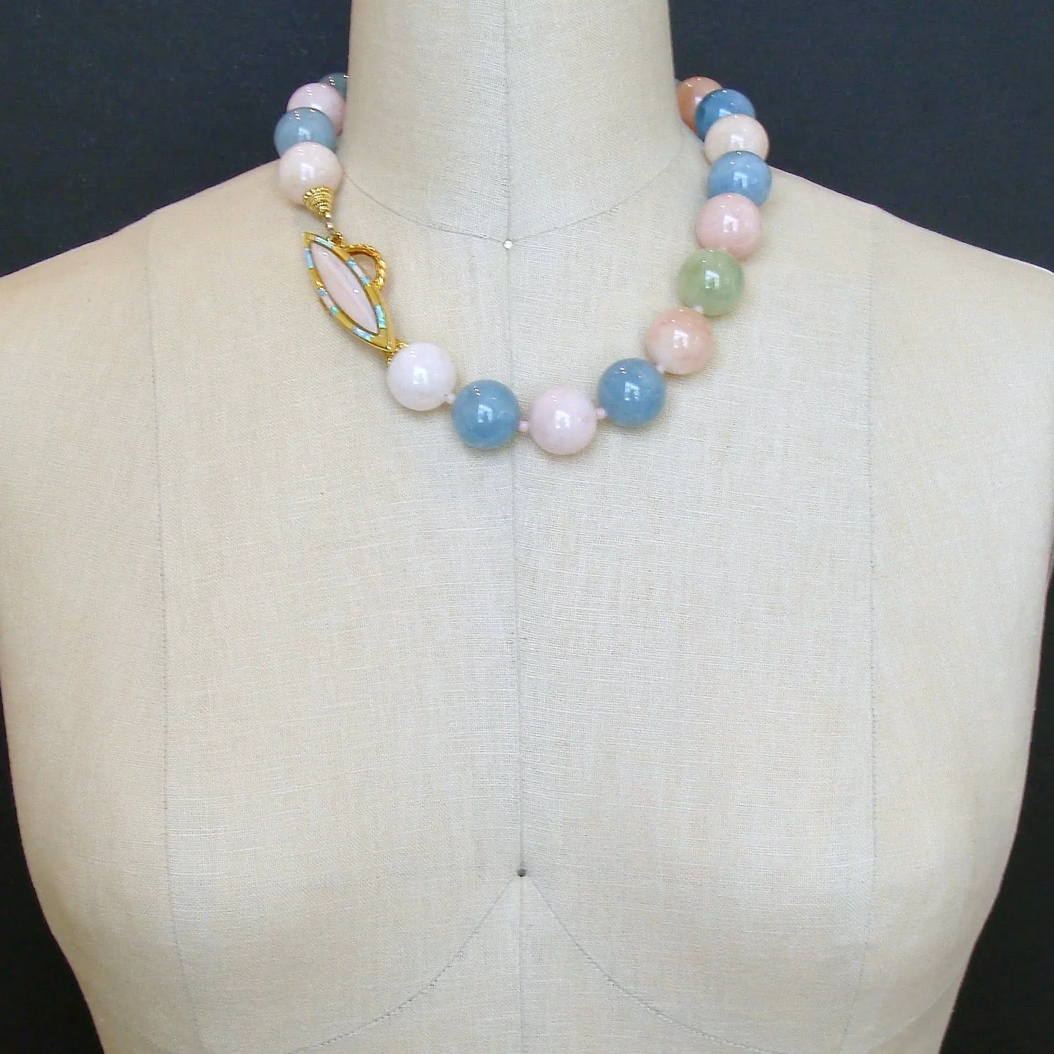 Beryl Aquamarine Morganite Choker Necklace Opal MOP Toggle Clasp - Fontanne IV Necklace
