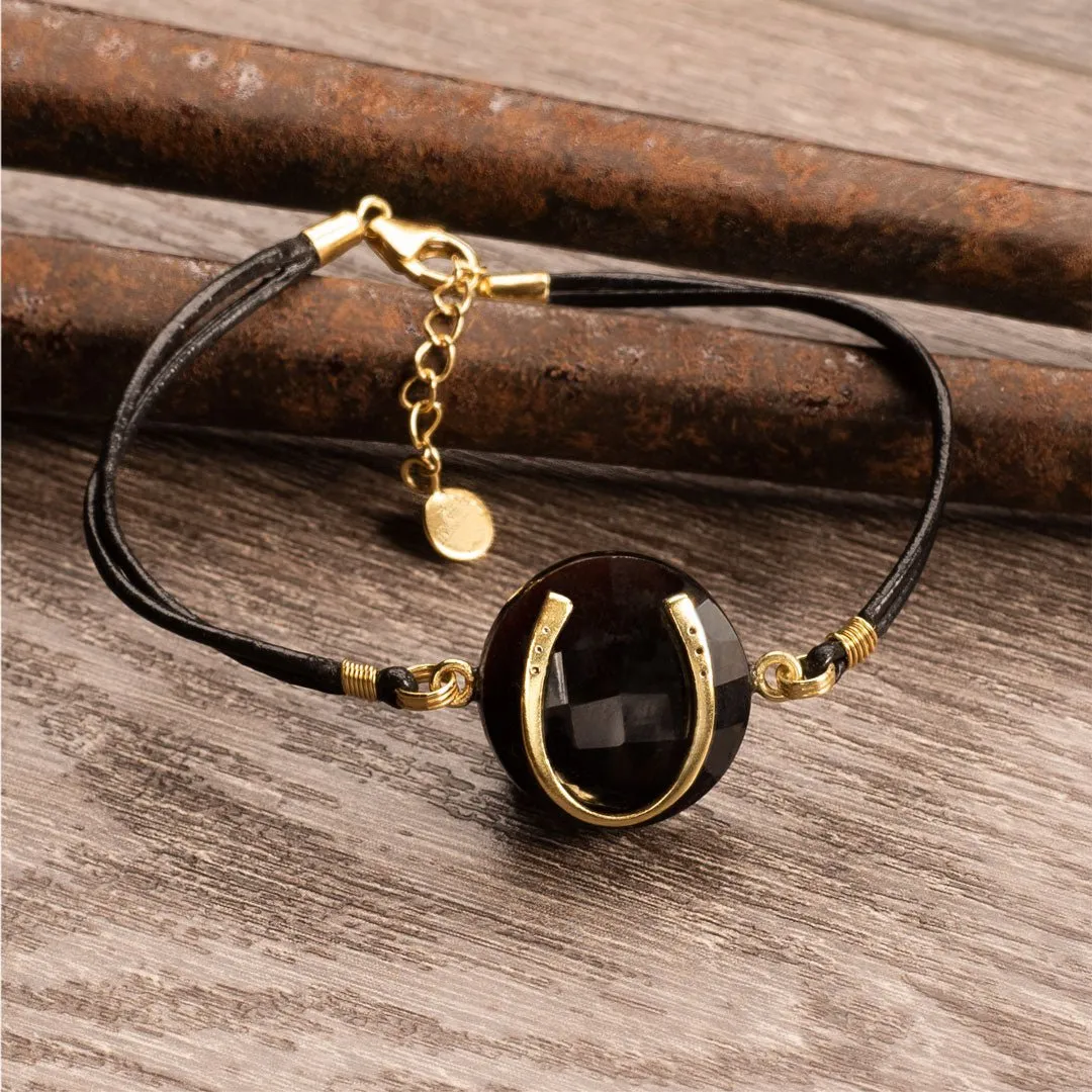 Black Onyx & leather Horseshoe Bracelet - 14K Gold Vermeil