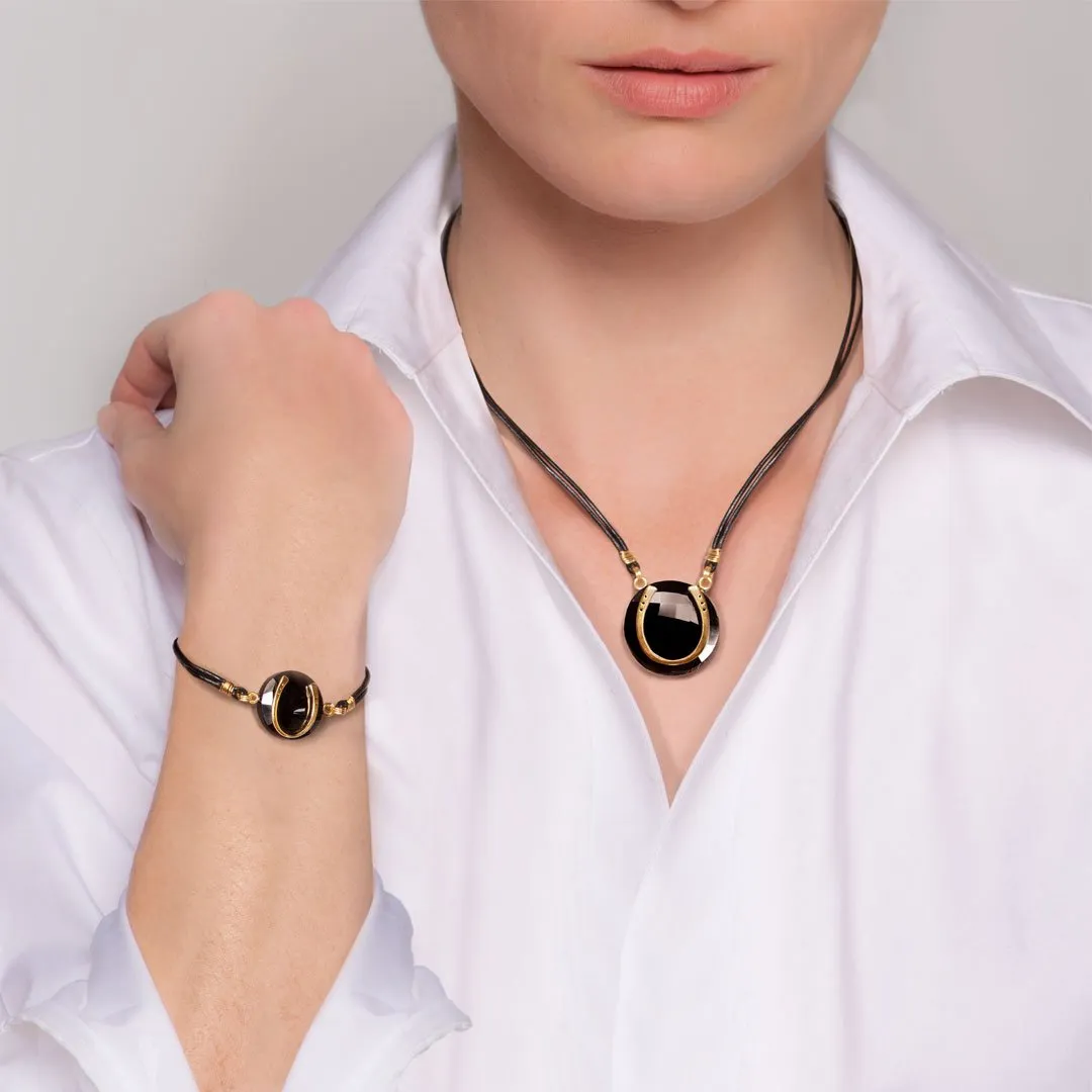 Black Onyx & leather Horseshoe Bracelet - 14K Gold Vermeil