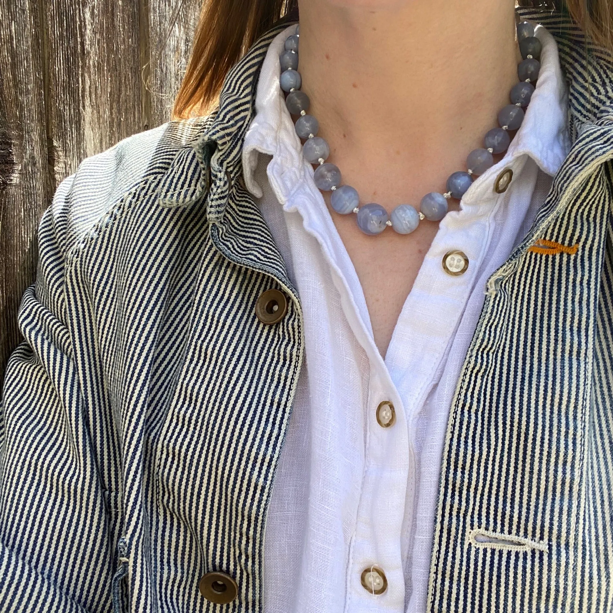 Blue Lace Agate Beads with Decorative Silver Clasp