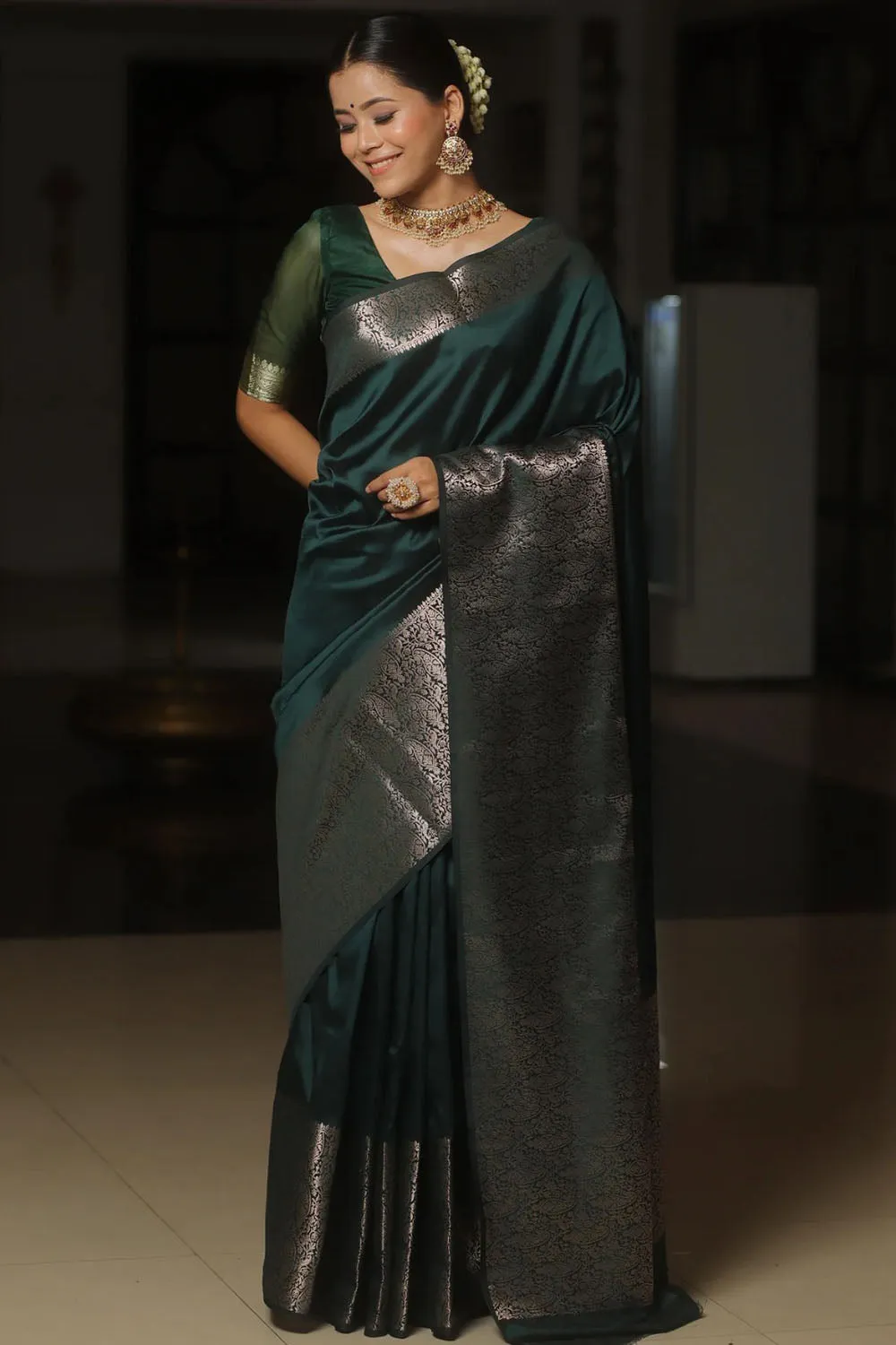 Bottle Green Soft Banarasi Silk Saree