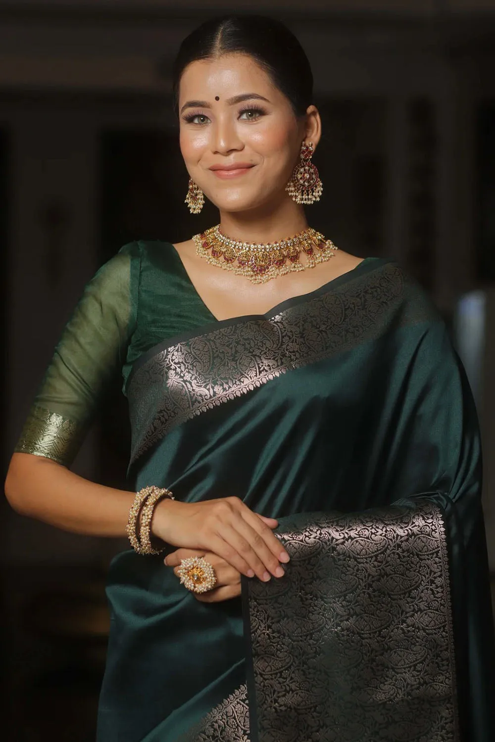 Bottle Green Soft Banarasi Silk Saree