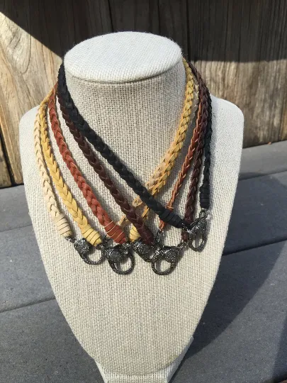Braided Leather Necklace with Small Pave Diamond Lobster Claw Clasp (Multiple Colors Available)