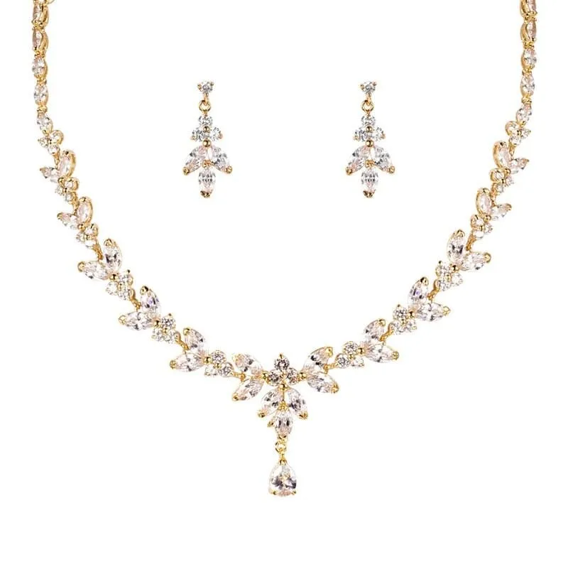 Bridal Crystal 3 PC Jewelry Set, Crystal Y-Necklace and Earrings Set, Wedding Necklace for Bride, 14K Gold Plated