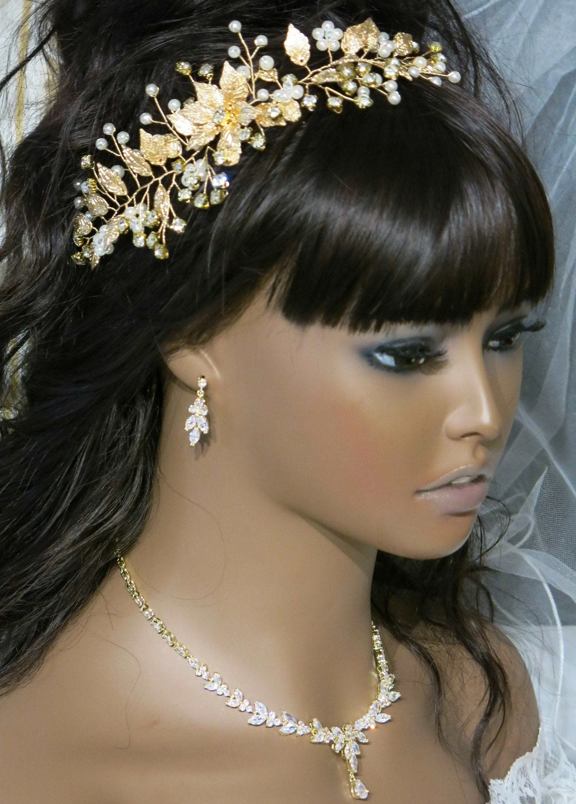 Bridal Crystal 3 PC Jewelry Set, Crystal Y-Necklace and Earrings Set, Wedding Necklace for Bride, 14K Gold Plated