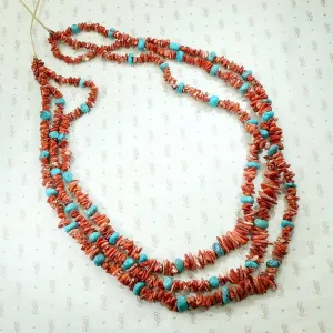 Brilliant Triple-Strand Red & Turquoise Bead Necklace