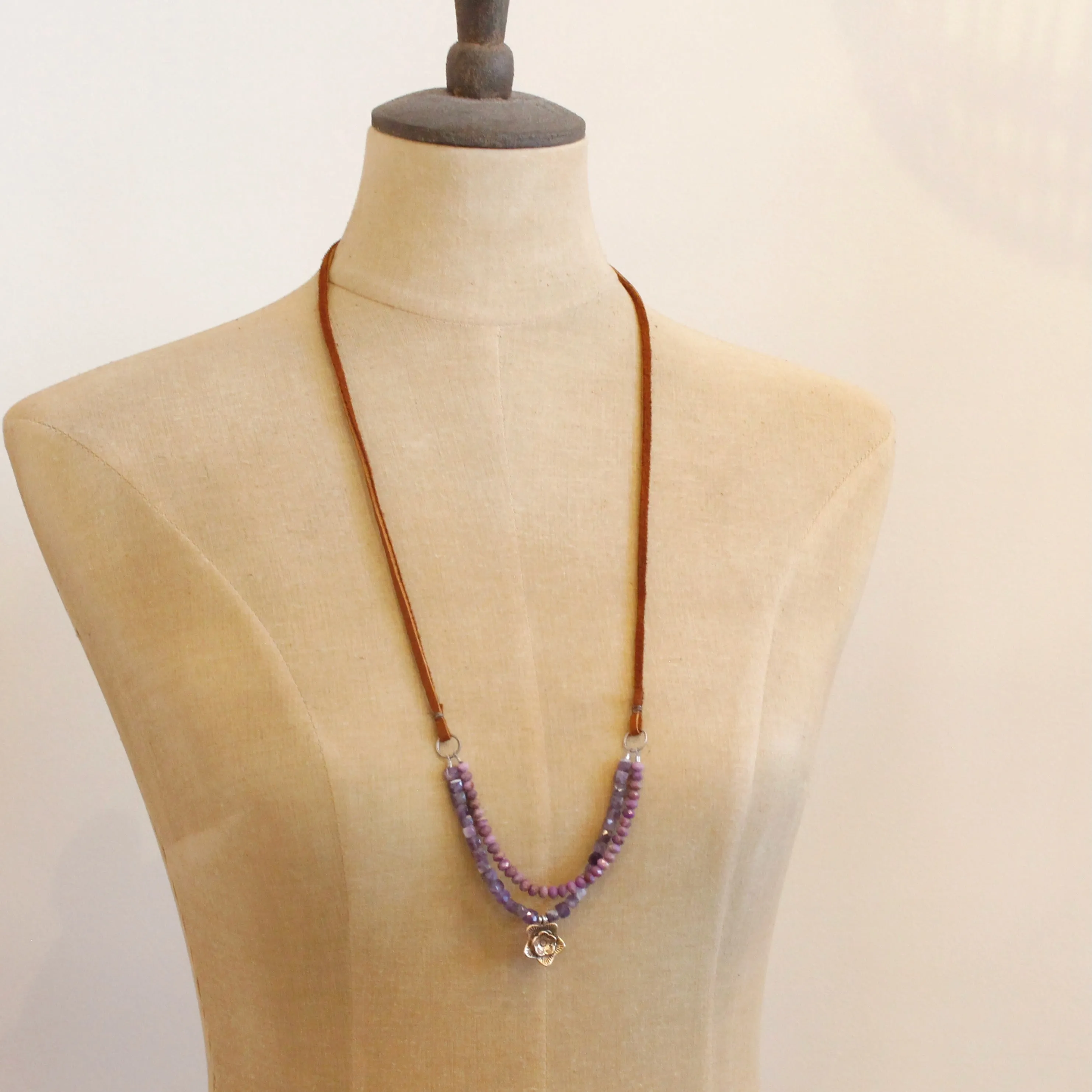 Bronze Layered Cactus Flower Orchid Leather Necklace