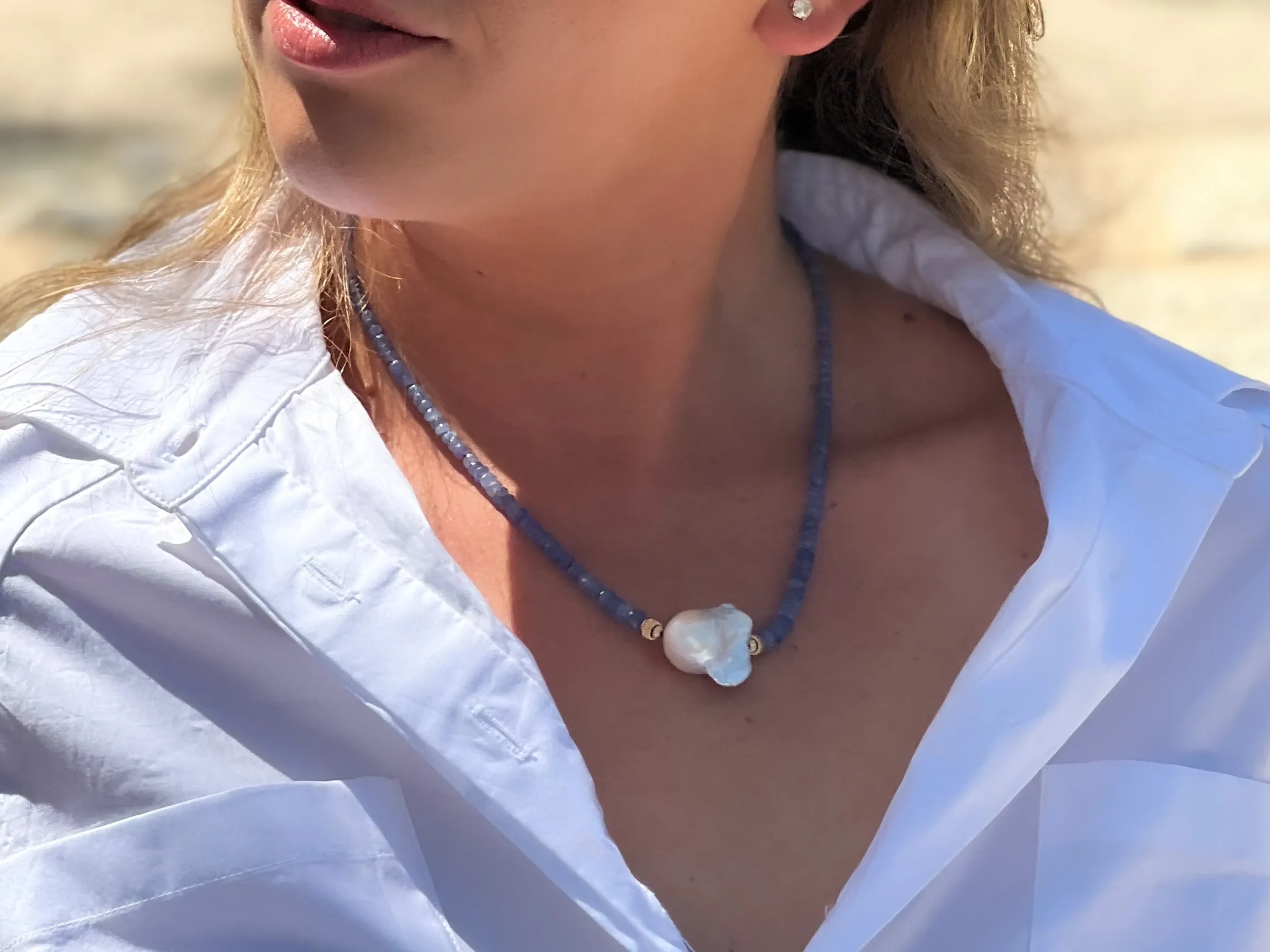 Burmese Sapphire Necklace with Baroque Pearl