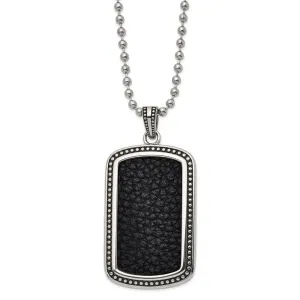 Chisel Stainless Steel Antiqued and Polished Black Textured Leather Inlay Dog Tag on a 22 inch Ball Chain Necklace