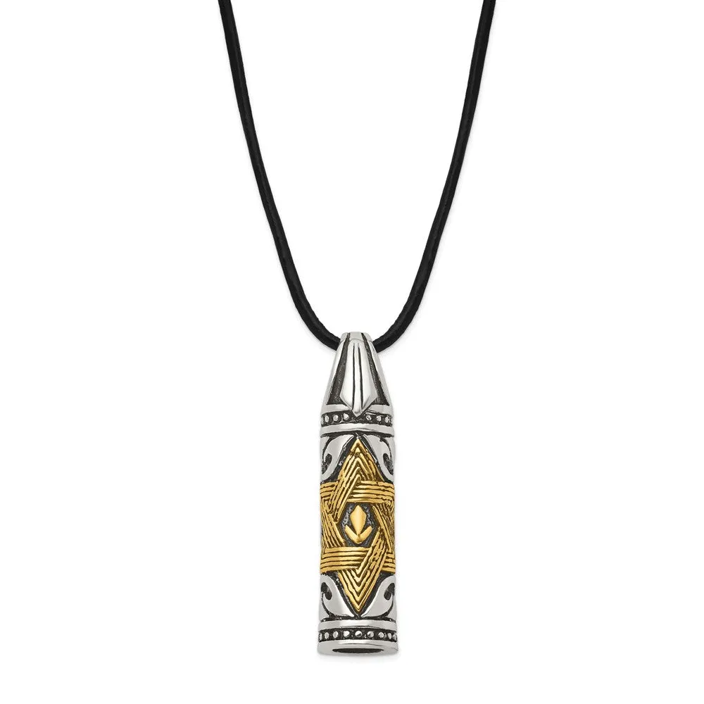Chisel Stainless Steel Antiqued and Polished with 14k Gold Accent Star of David Pendant on a 20 inch Leather Cord Necklace