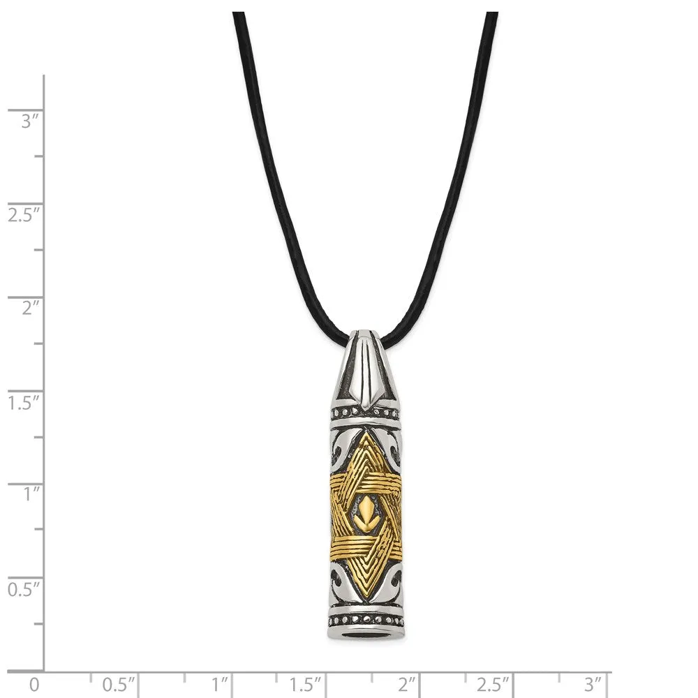 Chisel Stainless Steel Antiqued and Polished with 14k Gold Accent Star of David Pendant on a 20 inch Leather Cord Necklace