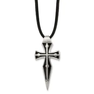 Chisel Stainless Steel Antiqued Brushed and Polished Cross Pendant on a 18 inch Leather Cord with 2 inch extension Necklace