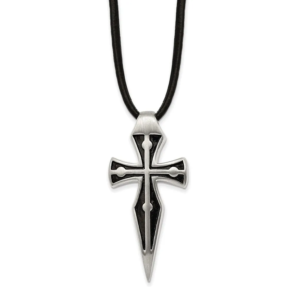 Chisel Stainless Steel Antiqued Brushed and Polished Cross Pendant on a 18 inch Leather Cord with 2 inch extension Necklace
