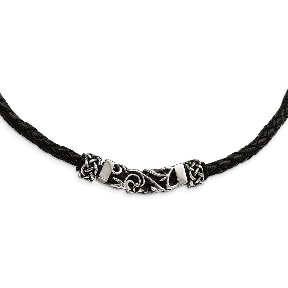 Chisel Stainless Steel Black Leather with Antiqued Beads 19.75 inch Necklace