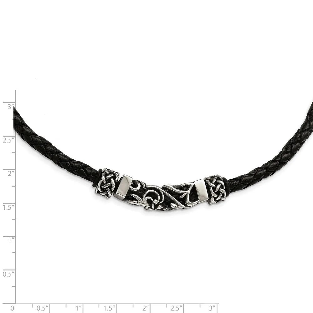 Chisel Stainless Steel Black Leather with Antiqued Beads 19.75 inch Necklace