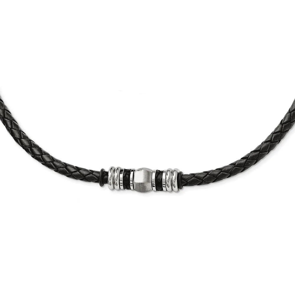 Chisel Stainless Steel Brushed and Polished Black Leather and Rubber 19 inch Necklace