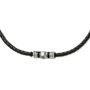 Chisel Stainless Steel Brushed and Polished Black Leather and Rubber 19 inch Necklace