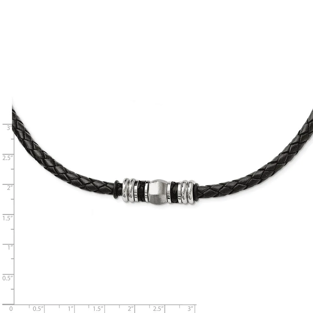 Chisel Stainless Steel Brushed and Polished Black Leather and Rubber 19 inch Necklace