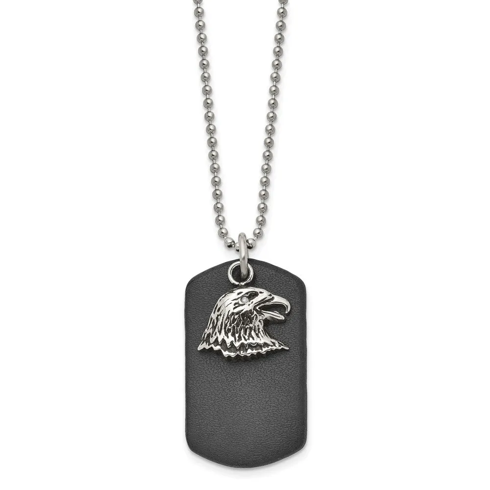Chisel Stainless Steel Polished and Antiqued Eagle Leather Dog Tag on a 22 inch Ball Chain Necklace