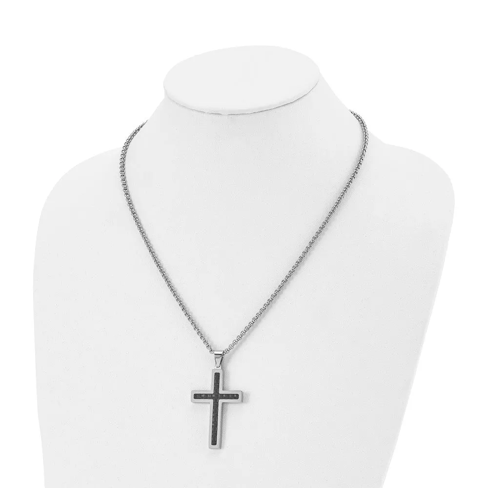 Chisel Stainless Steel Polished and Textured Black Leather Inlay Cross Pendant on a 20 inch Rolo Chain Necklace