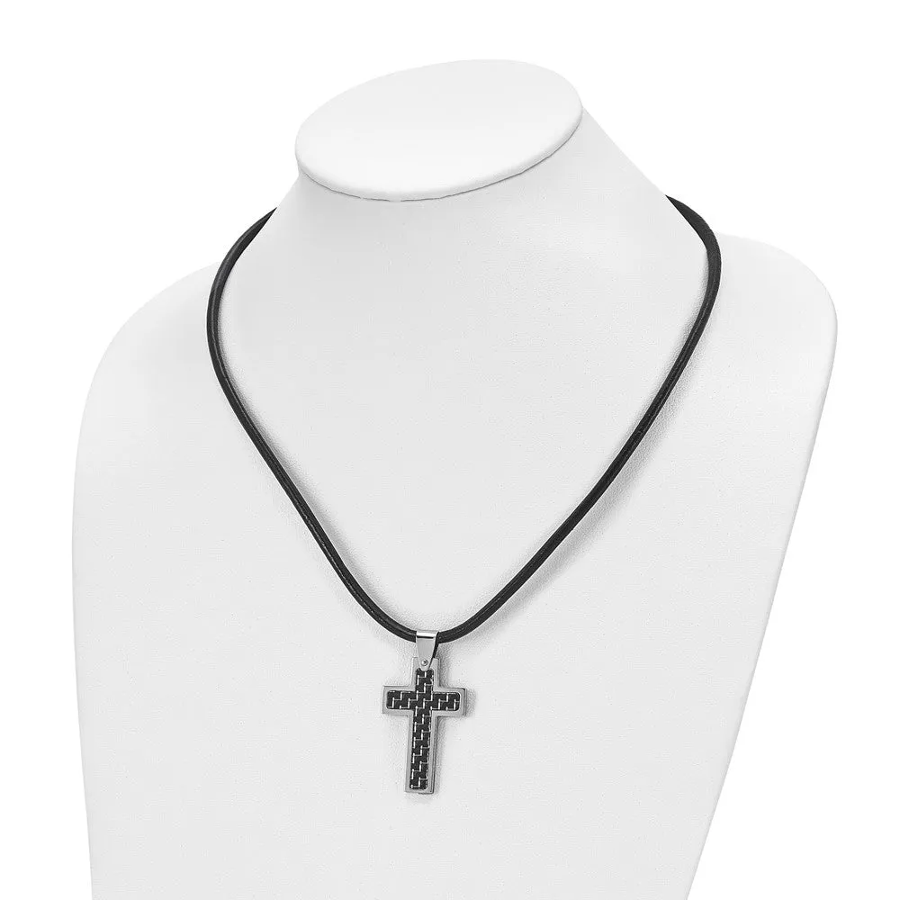 Chisel Stainless Steel Polished with Black Carbon Fiber Inlay Cross Pendant on a 18 inch Leather Cord Necklace