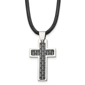 Chisel Stainless Steel Polished with Black Carbon Fiber Inlay Cross Pendant on a 18 inch Leather Cord Necklace