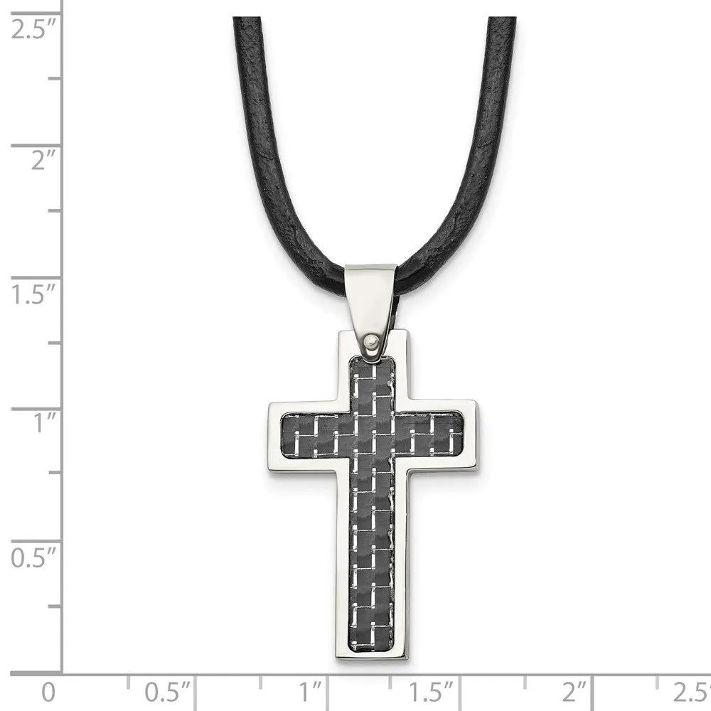 Chisel Stainless Steel Polished with Black Carbon Fiber Inlay Cross Pendant on a 18 inch Leather Cord Necklace