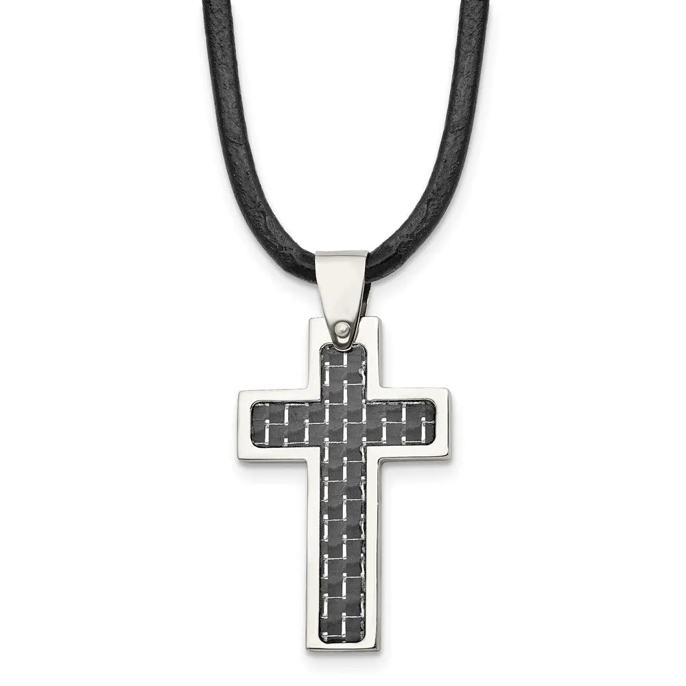 Chisel Stainless Steel Polished with Black Carbon Fiber Inlay Cross Pendant on a 18 inch Leather Cord Necklace
