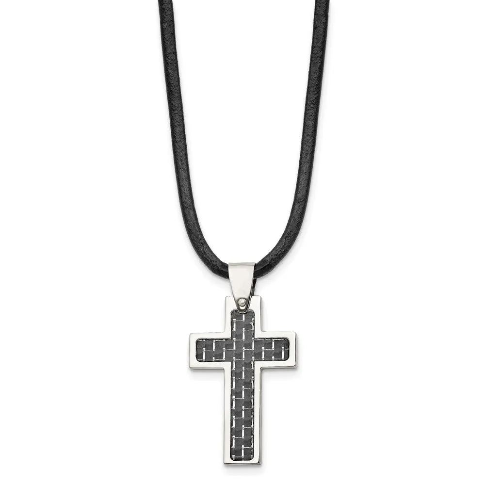 Chisel Stainless Steel Polished with Black Carbon Fiber Inlay Cross Pendant on a 18 inch Leather Cord Necklace