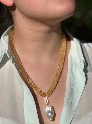 Citrine Necklace with Baroque Pearl Accent